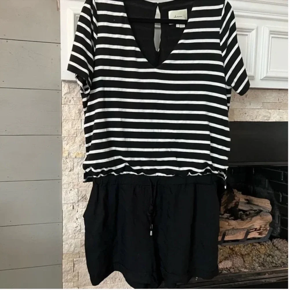 Elevenses Anthropologie Black White Stripe Short Romper